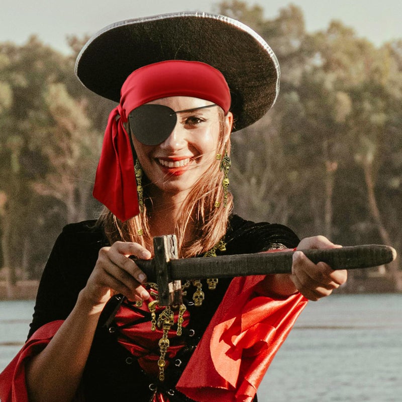 RechicGu Pirate Role Play Costume Accessory Set For women Halloween Crusie Pirate Night Party,Headband Eyepatch Skull Stockings,Skull Tassel Charm Necklace Earrings Jewelry Set,Dreadlock Beads, Red - Image 4