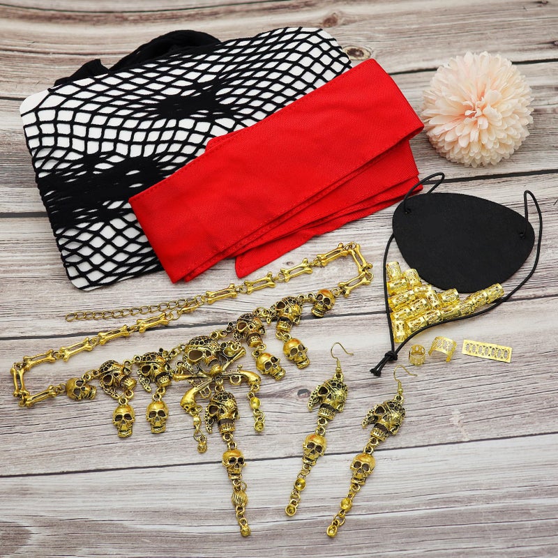 RechicGu Pirate Role Play Costume Accessory Set For women Halloween Crusie Pirate Night Party,Headband Eyepatch Skull Stockings,Skull Tassel Charm Necklace Earrings Jewelry Set,Dreadlock Beads, Red - Image 3