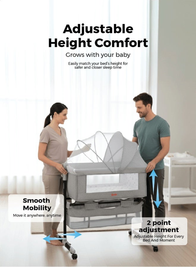 زينيث سرير أطفال 4 في 1، مهد للأطفال، سرير بجانب السرير بعجلات، سرير قابل لتعديل الارتفاع، قابل للطي بسهولة مع مرتبة مريحة، شبك للحماية من البعوض، ومساحة تخزين للرضع/حديثي الولادة – رمادي - Image 5