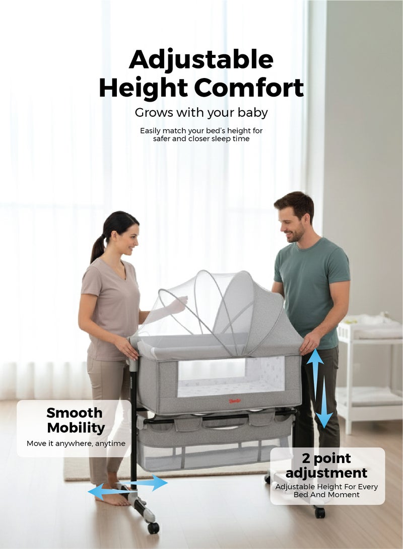 زينيث سرير أطفال 4 في 1، مهد للأطفال، سرير بجانب السرير بعجلات، سرير قابل لتعديل الارتفاع، قابل للطي بسهولة مع مرتبة مريحة، شبك للحماية من البعوض، ومساحة تخزين للرضع/حديثي الولادة – رمادي - Image 3