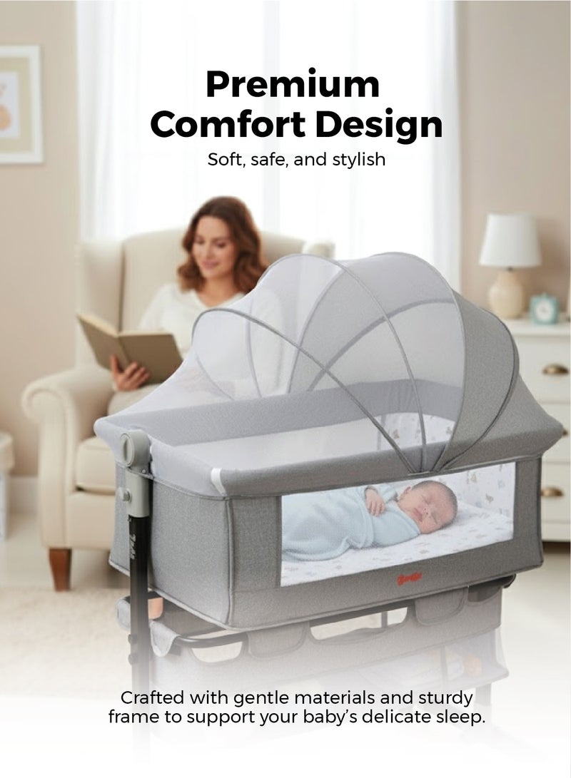 زينيث سرير أطفال 4 في 1، مهد للأطفال، سرير بجانب السرير بعجلات، سرير قابل لتعديل الارتفاع، قابل للطي بسهولة مع مرتبة مريحة، شبك للحماية من البعوض، ومساحة تخزين للرضع/حديثي الولادة – رمادي - Image 2