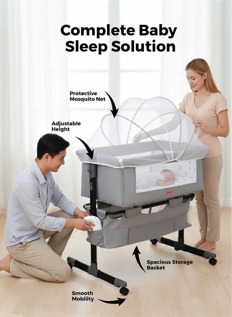 زينيث سرير أطفال 4 في 1، مهد للأطفال، سرير بجانب السرير بعجلات، سرير قابل لتعديل الارتفاع، قابل للطي بسهولة مع مرتبة مريحة، شبك للحماية من البعوض، ومساحة تخزين للرضع/حديثي الولادة – رمادي - Image 5