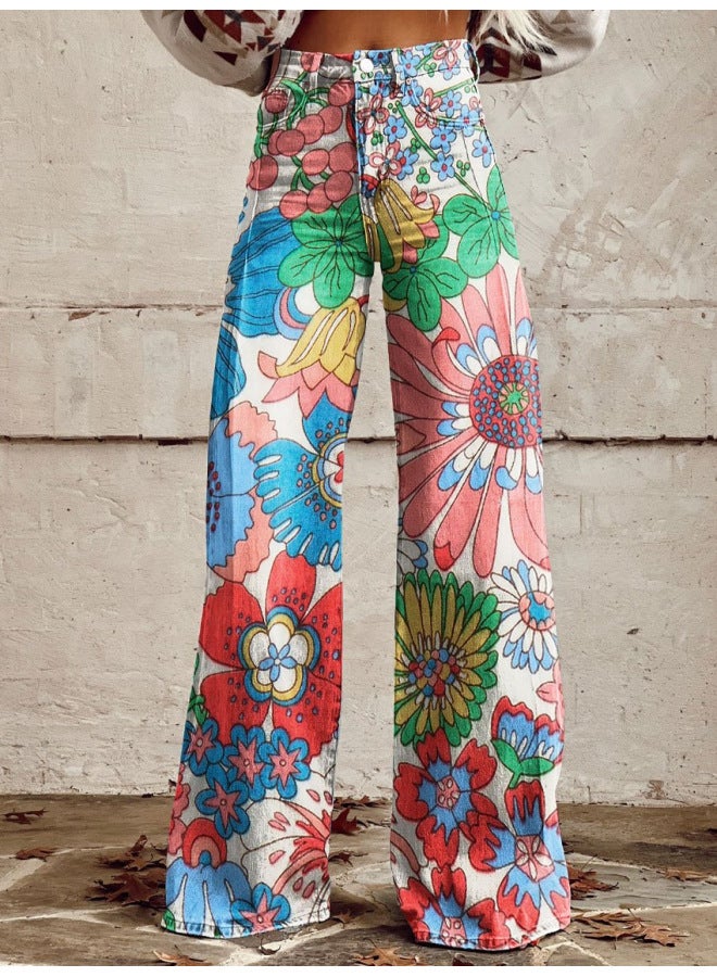 Independent Station Explosions Ladies Wide Leg Pants New 3D Thermal Transfer Bell Pants Simulation Denim Pants Summer Thin 