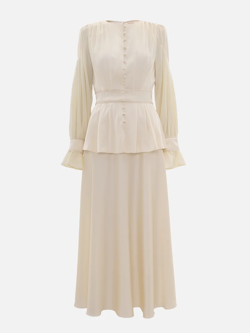 Lichi Maxi dress with puff sleeves and pearl decoration