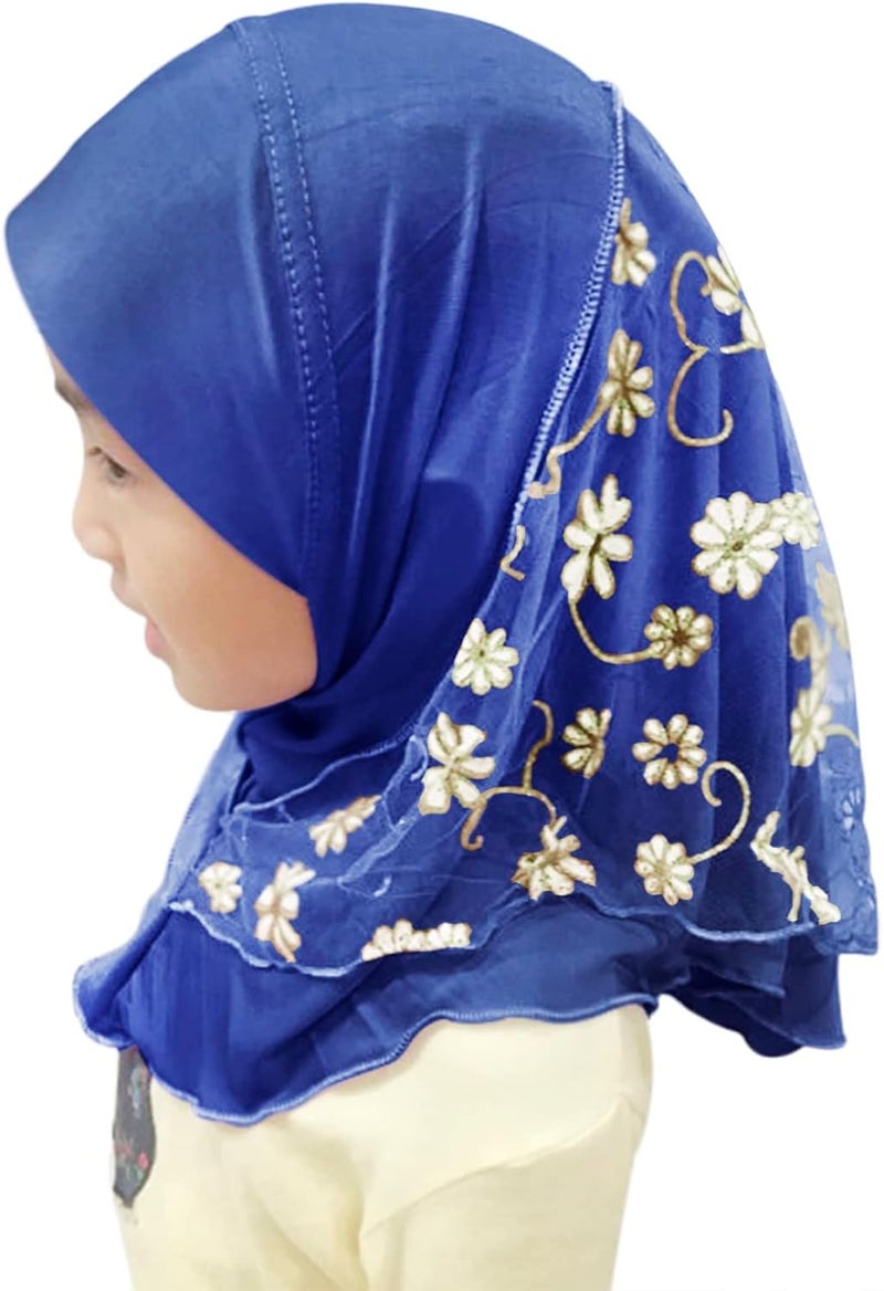 NICEYST Girls Ice Silk Muslim Khimar Hijab Headscarf Flower Arab Scarf Shawls Neck Wrap Islamic Head Wrap for Age 2-7 Years - Image 2