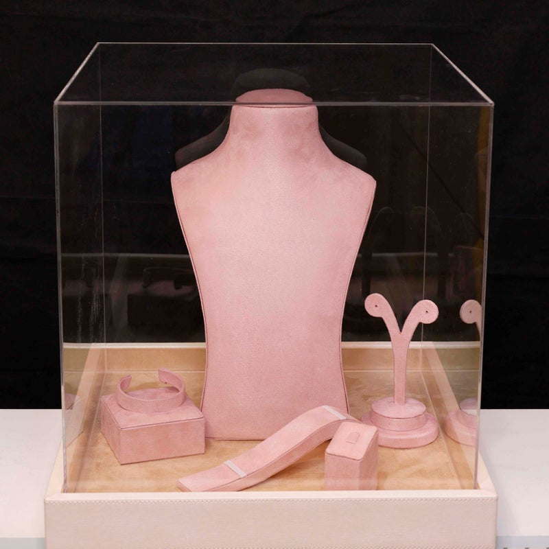 Lamsit Ibdaa Acrylic Jewellery Box with Leather Base & Necklace Display Stand – Premium Luxury Organizer Gift Box for Women – (Pink) - Image 3