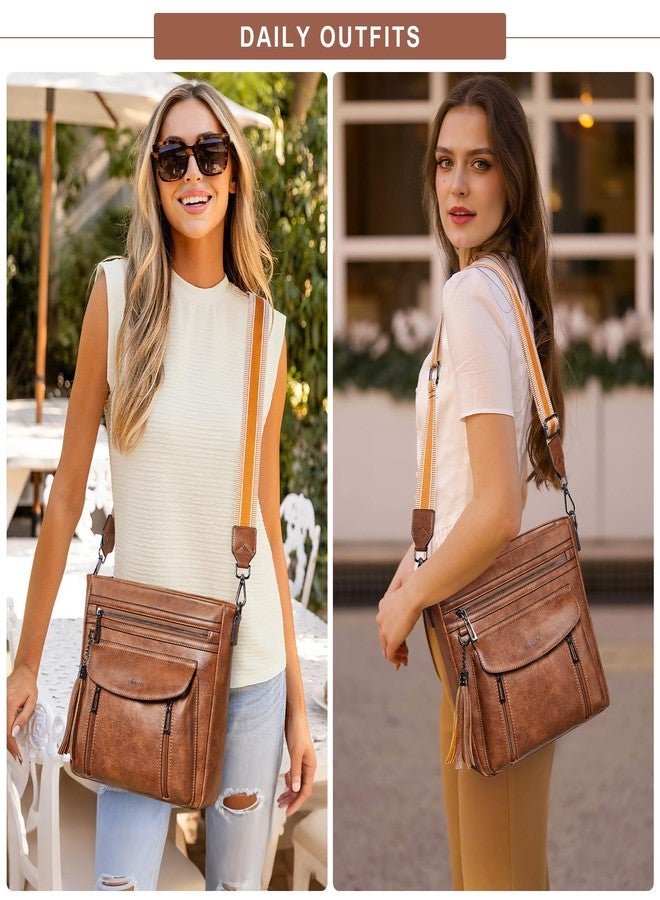 Shrrie Leather Crossbody Bags for Women, Multiple Pockets Medium Crossbody Purse with Wide Strap, Magnetic Snap Shoulder Handbags for Travel, Brown - Image 2