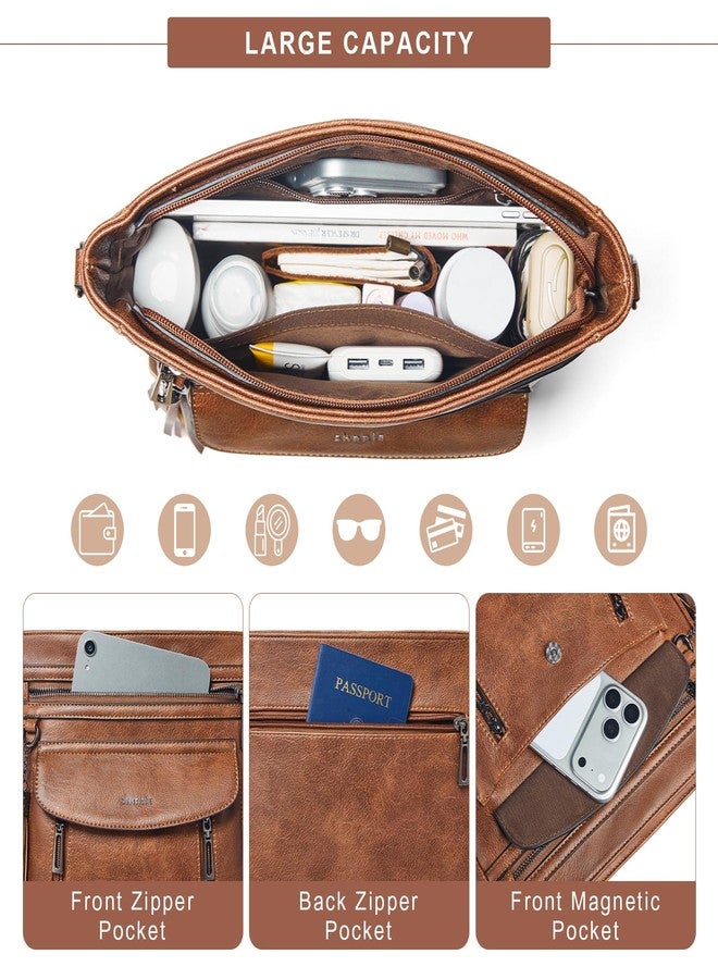 Shrrie Leather Crossbody Bags for Women, Multiple Pockets Medium Crossbody Purse with Wide Strap, Magnetic Snap Shoulder Handbags for Travel, Brown - Image 5
