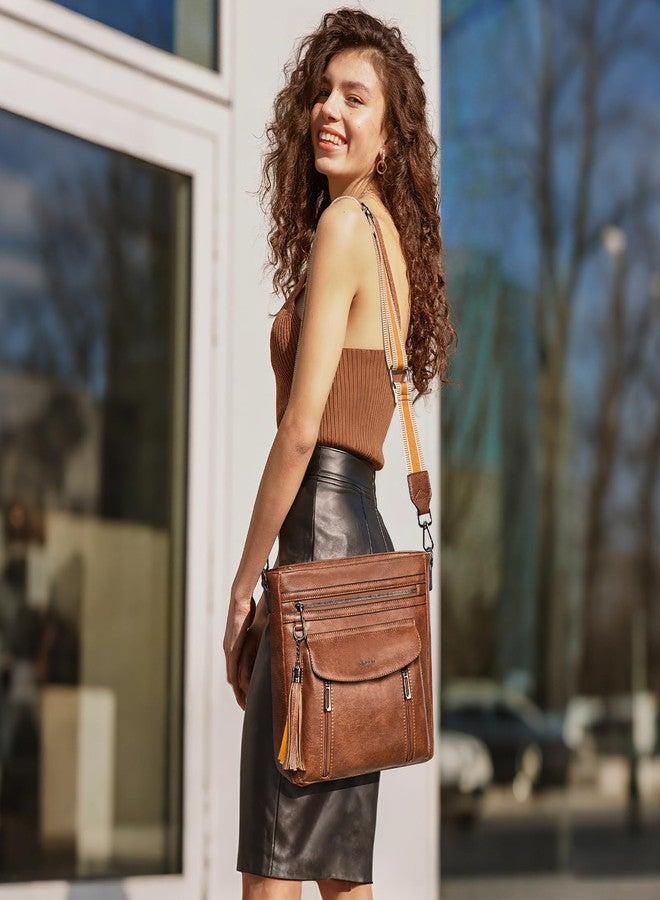 Shrrie Leather Crossbody Bags for Women, Multiple Pockets Medium Crossbody Purse with Wide Strap, Magnetic Snap Shoulder Handbags for Travel, Brown - Image 3
