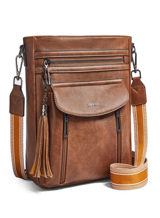 Shrrie Leather Crossbody Bags for Women, Multiple Pockets Medium Crossbody Purse with Wide Strap, Magnetic Snap Shoulder Handbags for Travel, Brown - Image 1