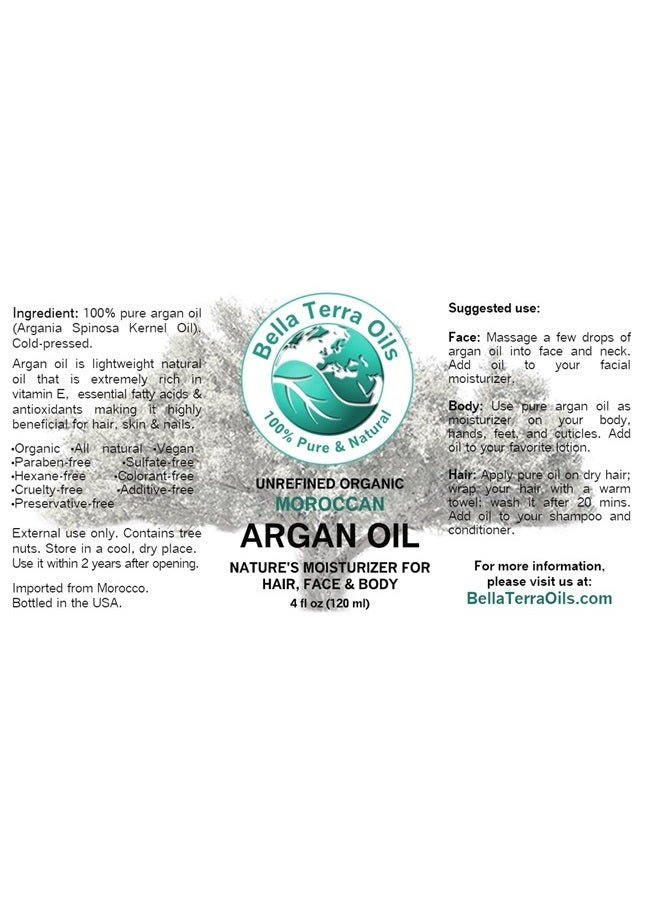 Bella Terra Oils زيت الأركان 4 أونصات 100% نقي مغربي مضغوط على البارد غير مكرر عضوي خالي من الهكسان مرطب طبيعي للبشرة والشعر. غير مسبب للرؤوس السوداء. غني بفيتامين E