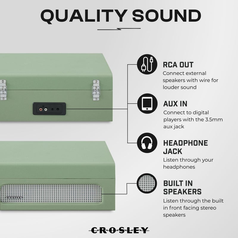 Crosley Voyager Portable Turntable - Bluetooth Record Player, 3-Speed Suitcase Vinyl Player, Home Turntables for Vinyl Records, Built in Stereo Speakers & Bluetooth Receiver, AUX Input, Sage - Image 5
