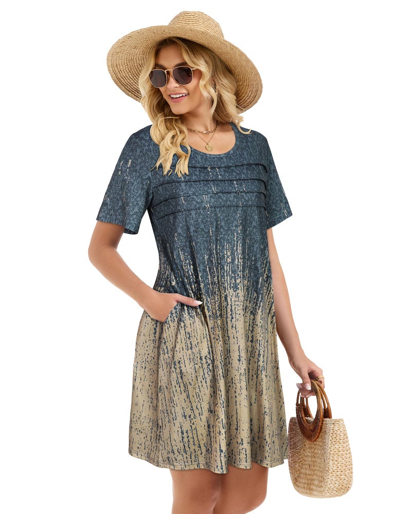 elescat Sundress for Women Casual Loose Summer Short Sleeve Pleated Front Crew Neck T Shirt Dress with Pocketsï¼ˆGrey Khaki Boho, L - Image 3