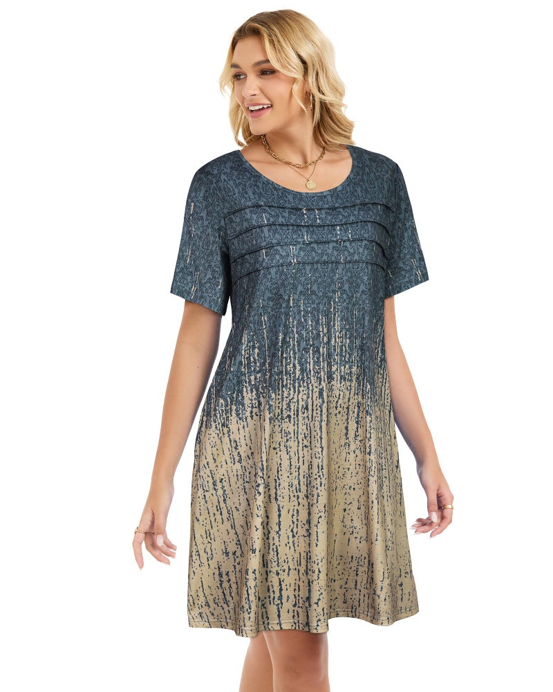 elescat Sundress for Women Casual Loose Summer Short Sleeve Pleated Front Crew Neck T Shirt Dress with Pocketsï¼ˆGrey Khaki Boho, L - Image 5