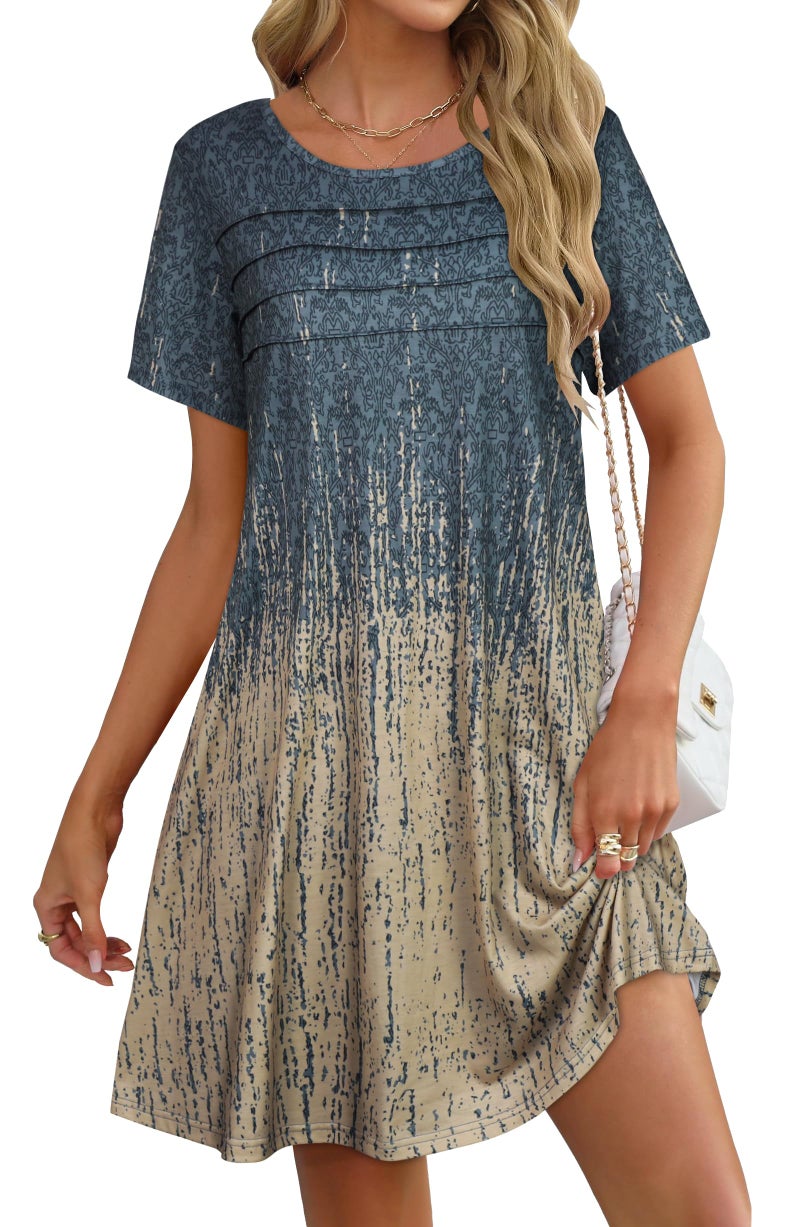 elescat Sundress for Women Casual Loose Summer Short Sleeve Pleated Front Crew Neck T Shirt Dress with Pocketsï¼ˆGrey Khaki Boho, L - Image 1