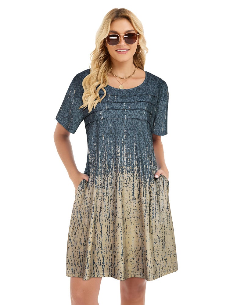 elescat Sundress for Women Casual Loose Summer Short Sleeve Pleated Front Crew Neck T Shirt Dress with Pocketsï¼ˆGrey Khaki Boho, L - Image 2