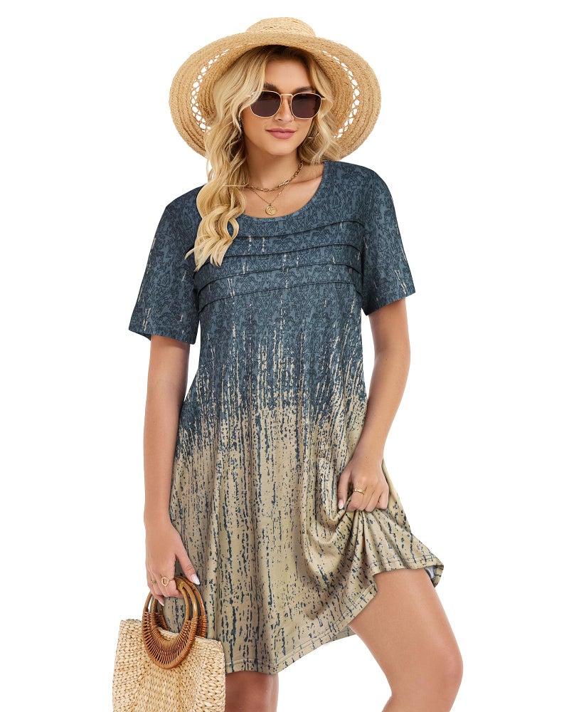 elescat Sundress for Women Casual Loose Summer Short Sleeve Pleated Front Crew Neck T Shirt Dress with Pocketsï¼ˆGrey Khaki Boho, L - Image 4