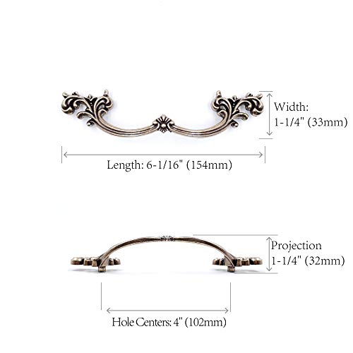 Jetland French Provincial Drawer Pulls - 4-Pack, Antique Brass, 4" Hole Centers, Vintage Shabby Chic Pulls for Dresser Nightstand Cabinet, PW1619ABR102 - Image 2