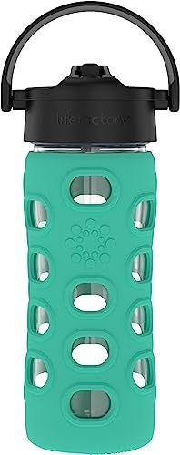 Lifefactory 12Ounce Glass Water Bottle with Pivot Straw Cap and Protective Silicone Sleeve Kale - Image 1