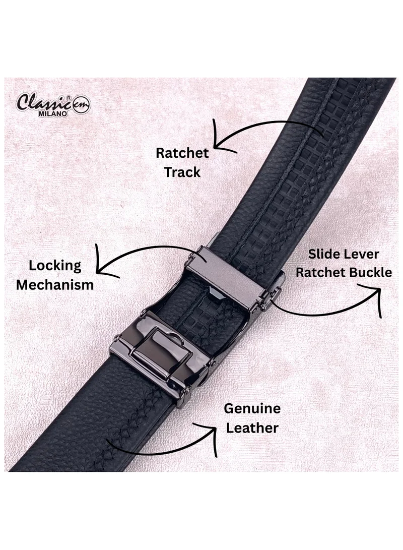 Classic Milano Classic Milano Genuine Leather Belt for Men, Formal Dress Belt with Automatic Ratchet Buckle, Men's Belt for Office Wear with Gift Box