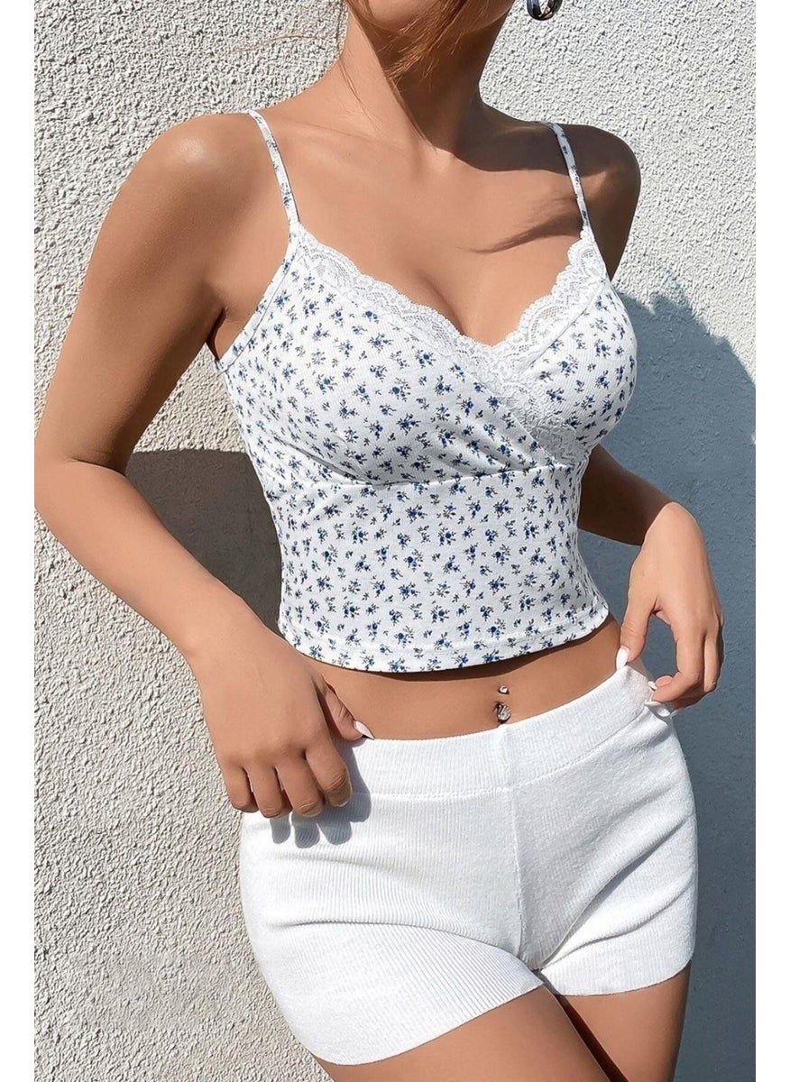 Bella Notte Women's White Printed Lace Detailed Crop Blouse  - Image 4