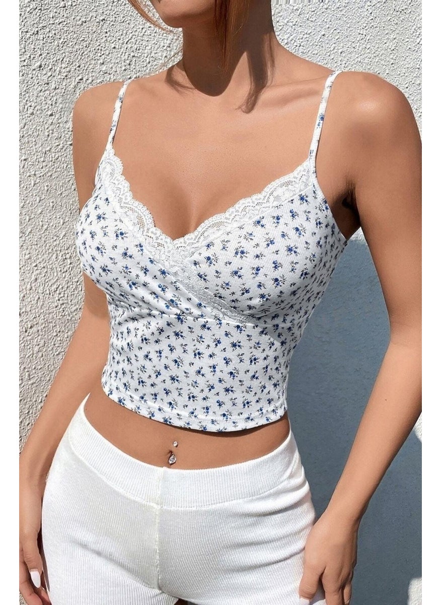 Bella Notte Women's White Printed Lace Detailed Crop Blouse  - Image 3