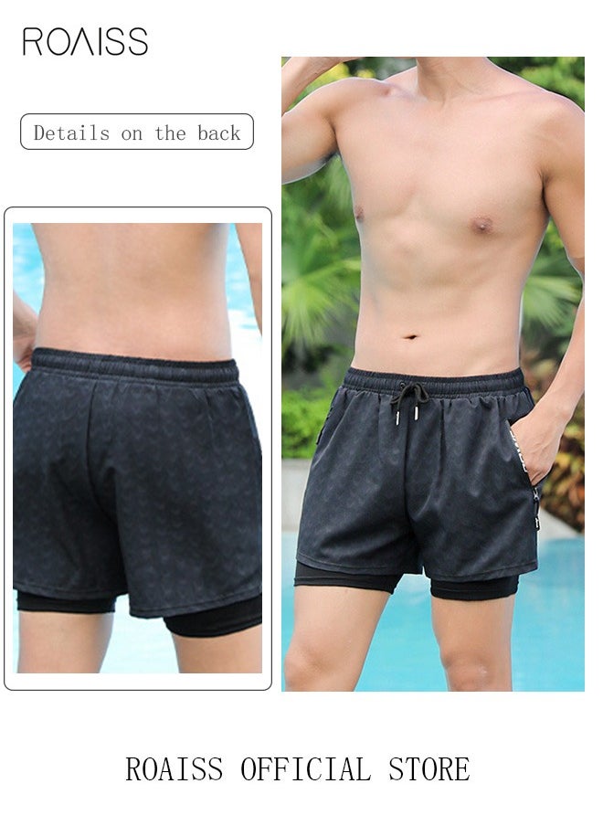 roaiss Men's Swimming Trunks Beachwear Quick Dry Gym Wear Beach Pants Fitness Shorts Fitness Workout Short Sports Running Shorts with Inner Compression Black  - Image 3