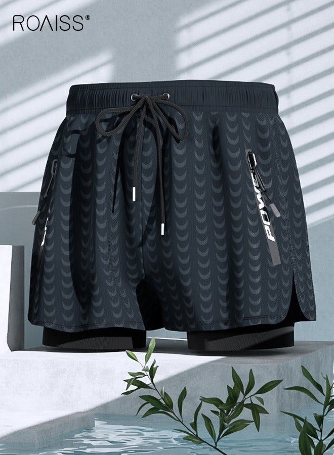 roaiss Men's Swimming Trunks Beachwear Quick Dry Gym Wear Beach Pants Fitness Shorts Fitness Workout Short Sports Running Shorts with Inner Compression Black  - Image 1