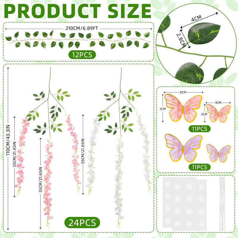 Canlierr 58 Pcs Fairy Party Garland Decoration Artificial Wisteria Hanging Flowers Garland 3.6 Feet Vine Rattan Ivy Greenery Butterfly Decor for Spring Home Garden Wedding Party(Pink, White) - Image 2