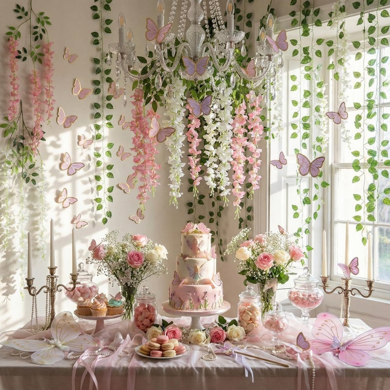 Canlierr 58 Pcs Fairy Party Garland Decoration Artificial Wisteria Hanging Flowers Garland 3.6 Feet Vine Rattan Ivy Greenery Butterfly Decor for Spring Home Garden Wedding Party(Pink, White) - Image 1