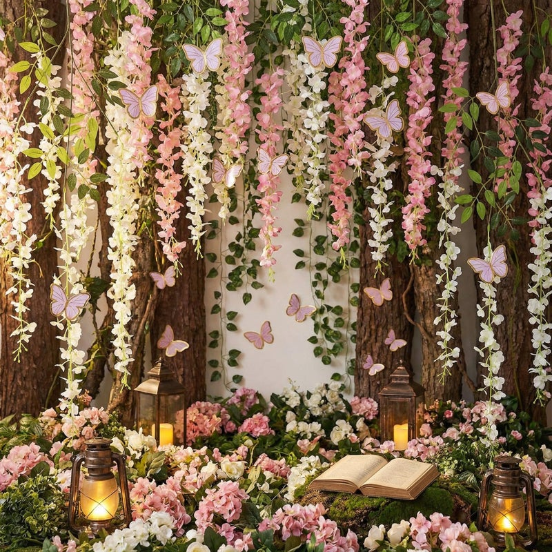 Canlierr 58 Pcs Fairy Party Garland Decoration Artificial Wisteria Hanging Flowers Garland 3.6 Feet Vine Rattan Ivy Greenery Butterfly Decor for Spring Home Garden Wedding Party(Pink, White) - Image 3