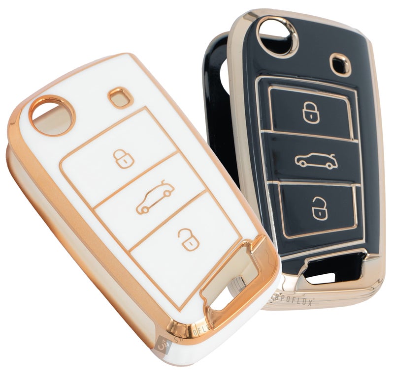 Shopoflux® TPU Key Cover Compatible with Skoda & Volkswagen Cars Kylaq | Slavia | Kushaq | Octavia | Virtus | Taigun | Tiguan | T ROC 3 Button Flip Key (Black + White Pack 2) - Image 1