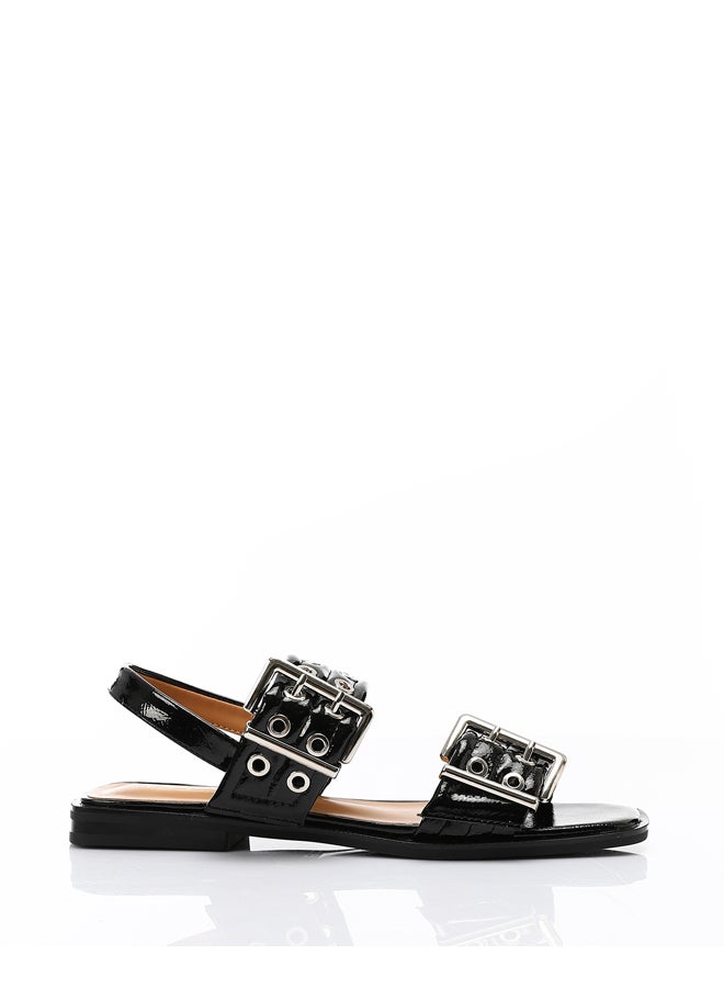 Double Buckled Straps Shiny Black Leather Sandals