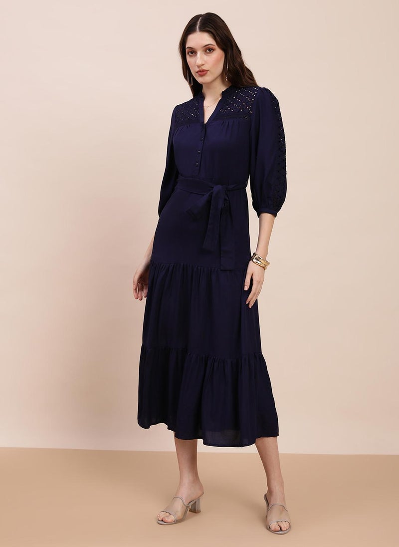 Globus Women's Navy Blue Party Dress Bishop Sleeves with V-Neck and Tie-Up Detail - Image 3