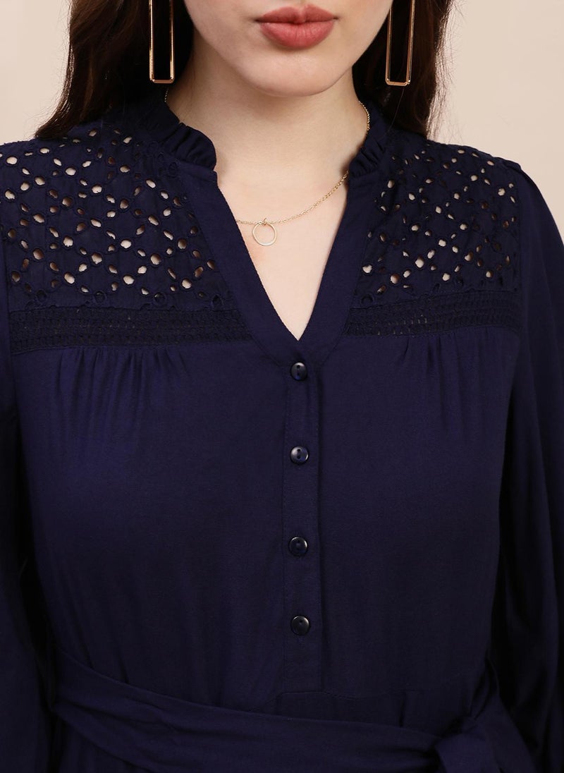 Globus Women's Navy Blue Party Dress Bishop Sleeves with V-Neck and Tie-Up Detail - Image 5