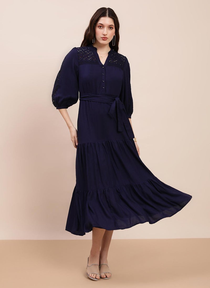 Globus Women's Navy Blue Party Dress Bishop Sleeves with V-Neck and Tie-Up Detail - Image 1