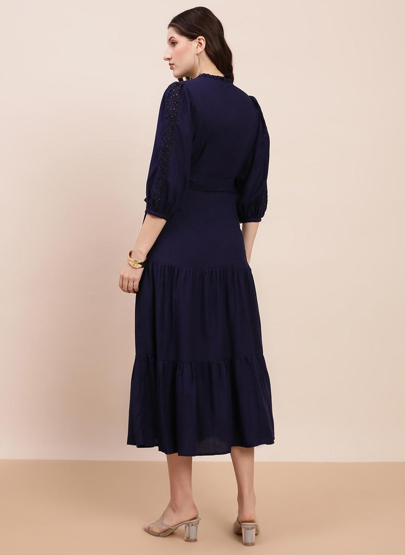 Globus Women's Navy Blue Party Dress Bishop Sleeves with V-Neck and Tie-Up Detail - Image 4