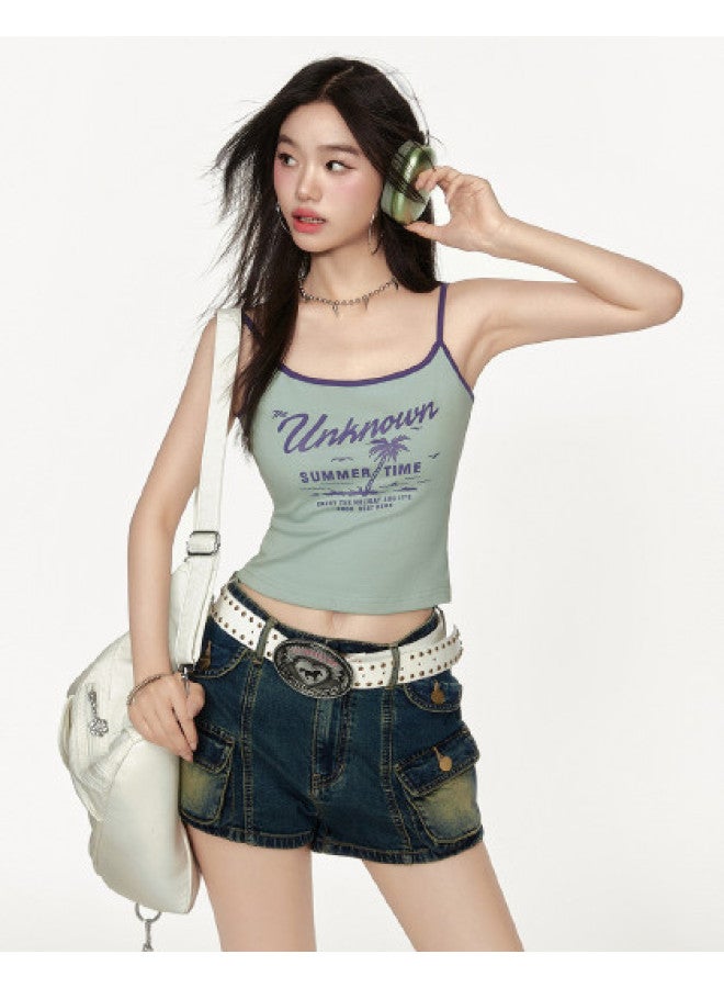 EPTISON Women's Sleeveless Tank Top - Vintage American Style Color Block Letter Print Summer Crop Cami For Layering - Image 1