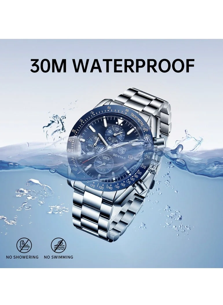 BENYAR BY BENYAR Mens Watches Analog Quartz Chronograph Waterproof Watch for Men Business Work Sport Casual Classic Stainless Steel Dress Men's Wrist Watches Elegant Gifts for Men
