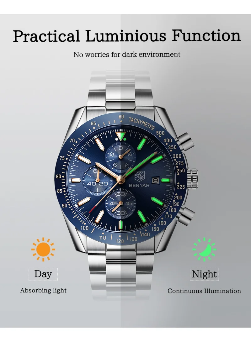 BENYAR BY BENYAR Mens Watches Analog Quartz Chronograph Waterproof Watch for Men Business Work Sport Casual Classic Stainless Steel Dress Men's Wrist Watches Elegant Gifts for Men