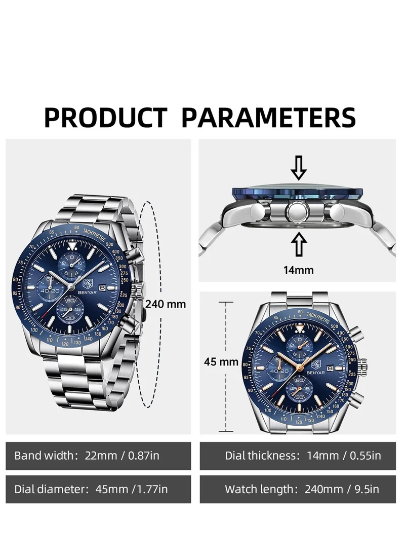 BENYAR BY BENYAR Mens Watches Analog Quartz Chronograph Waterproof Watch for Men Business Work Sport Casual Classic Stainless Steel Dress Men's Wrist Watches Elegant Gifts for Men