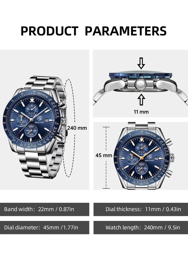 BENYAR BY BENYAR Mens Watches Analog Quartz Chronograph Waterproof Watch for Men Business Work Sport Casual Classic Stainless Steel Dress Men's Wrist Watches Elegant Gifts for Men