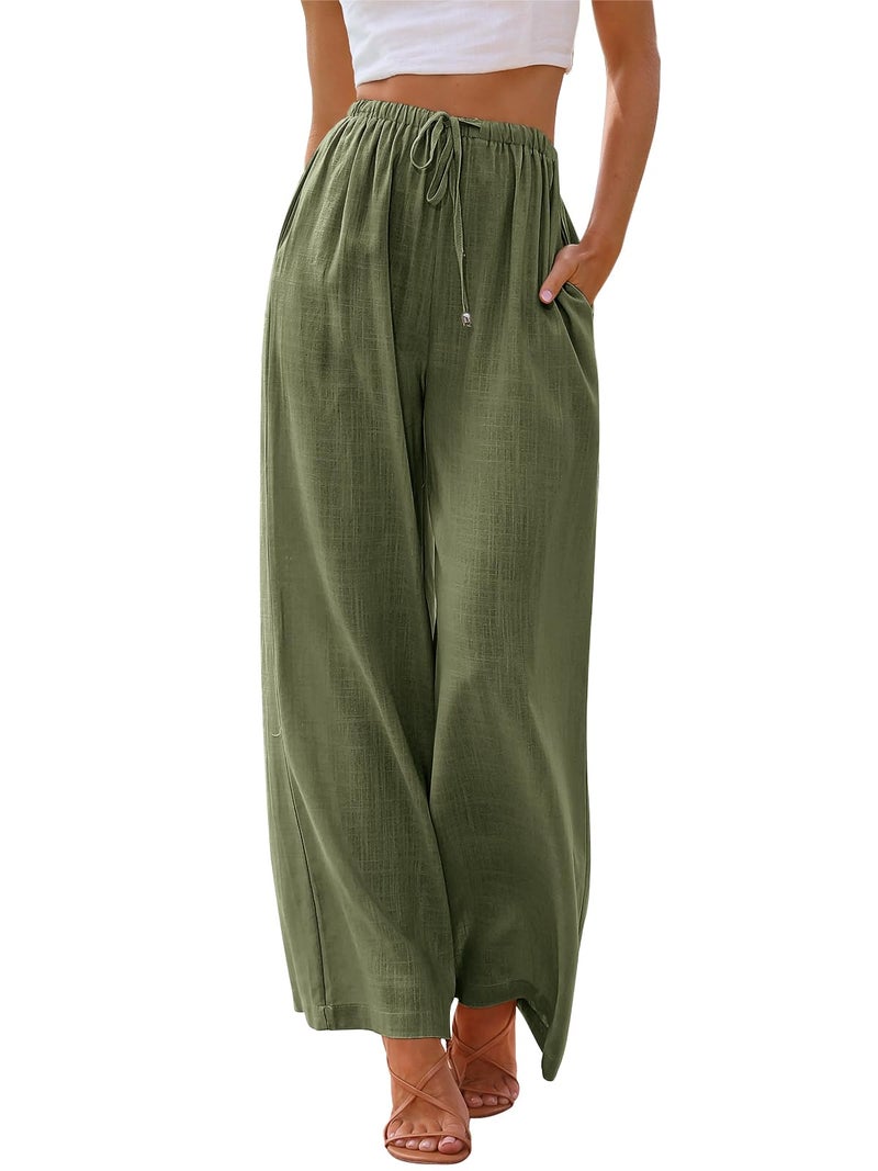 LILLUSORY Linen Wide Leg Pants Womens Palazzo Flowy Beach Vacation 2026 Summer Spring Fashion Outfits Clothes Clothing Trendy Skirts Cute Resort Wear Cruise High Waisted Boho Travel Trousers Pockets - Image 1