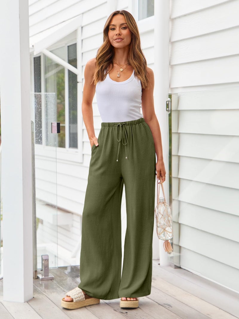 LILLUSORY Linen Wide Leg Pants Womens Palazzo Flowy Beach Vacation 2026 Summer Spring Fashion Outfits Clothes Clothing Trendy Skirts Cute Resort Wear Cruise High Waisted Boho Travel Trousers Pockets - Image 2