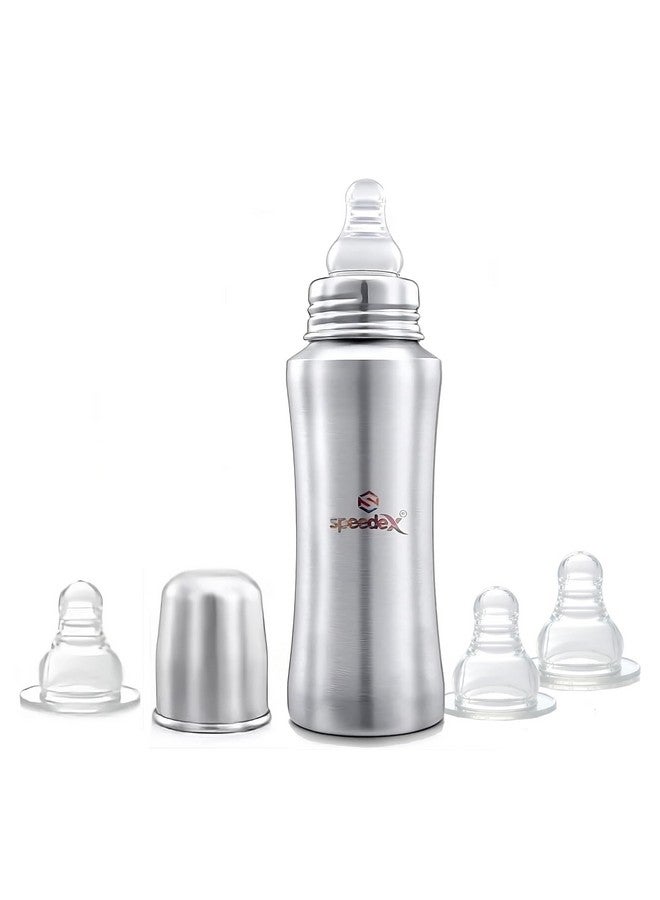 Speedex Stainless Steel Infant Baby Feeding Bottle, Bpa Free, Anti-Colic, Plastic-Free, Medium-Flow Nipple (Up To Brim 240 Ml, 3 Nipple Extra)