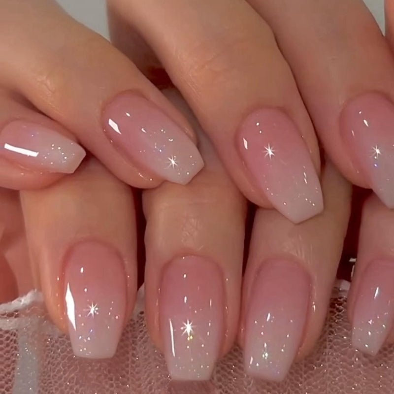 XCREANDO Glitter Ombre Pink Short Coffin Short Coffin Press on Nails Medium Press ons, Medium Square Glue on Nails Fake Nails for Women, Ballerina T Shape Acrylic False Nail Natural Handmade - Image 1