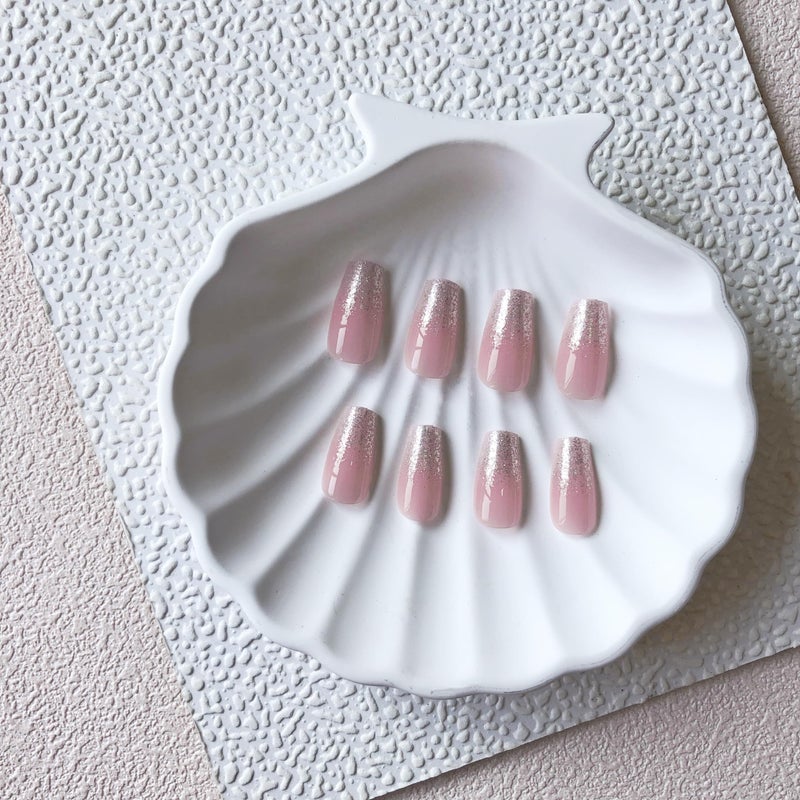 XCREANDO Glitter Ombre Pink Short Coffin Short Coffin Press on Nails Medium Press ons, Medium Square Glue on Nails Fake Nails for Women, Ballerina T Shape Acrylic False Nail Natural Handmade - Image 5