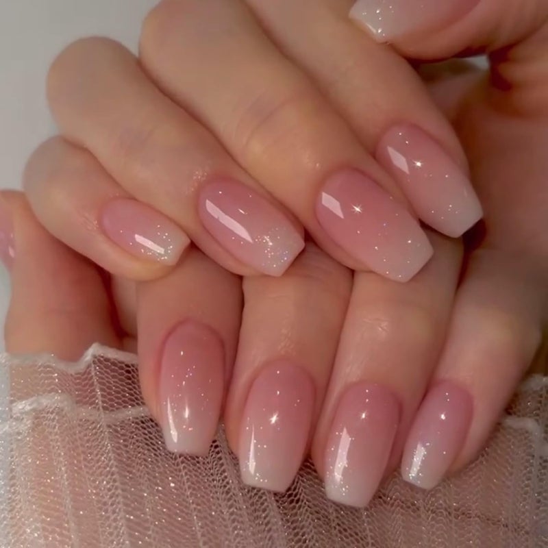 XCREANDO Glitter Ombre Pink Short Coffin Short Coffin Press on Nails Medium Press ons, Medium Square Glue on Nails Fake Nails for Women, Ballerina T Shape Acrylic False Nail Natural Handmade - Image 2