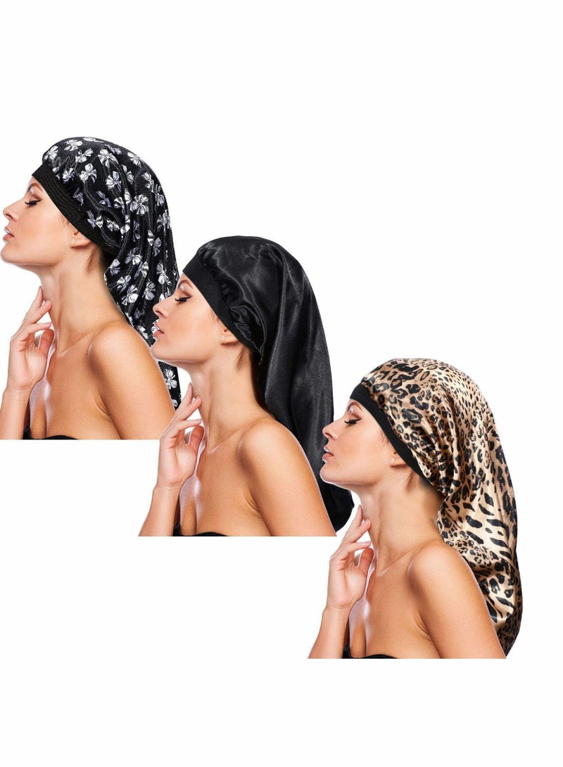 NIBEMINENT 3 Pack Long Satin Bonnet Sleep Cap, Soft Elastic Band Loose Cap Bonnets for Hair, Braids, Dreadlocks, Curly Hair - Image 1