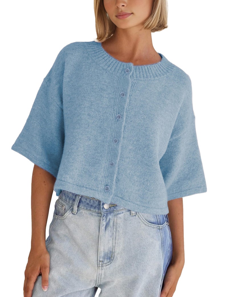 Springrain Cardigan Sweaters for Women Lightweight Knit Cropped Cardigan Button Up Solid Knitwear(Blue-L) - Image 1
